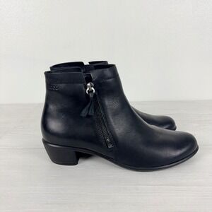 ECCO Shape 35 Black Leather Side Zip Ankle Boots Womens 39 US 8-8.5 Block Heel